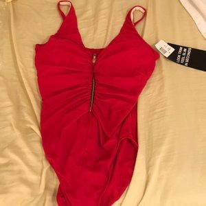 Red, zip up, tummy control swimsuit